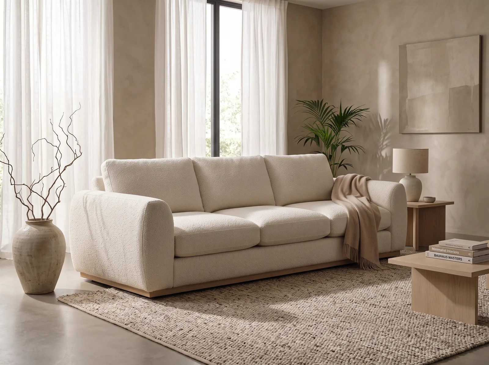 Six separate home SKUs — sofa, vase, throw, table lamp, coffee table and rug — composed into a single staged room