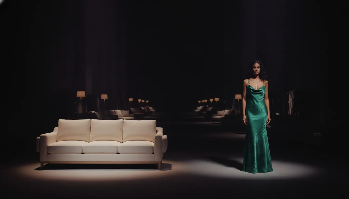 An ivory boucle sofa and a model in an emerald satin slip dress lit inside a dark showroom where every other product stays in shadow