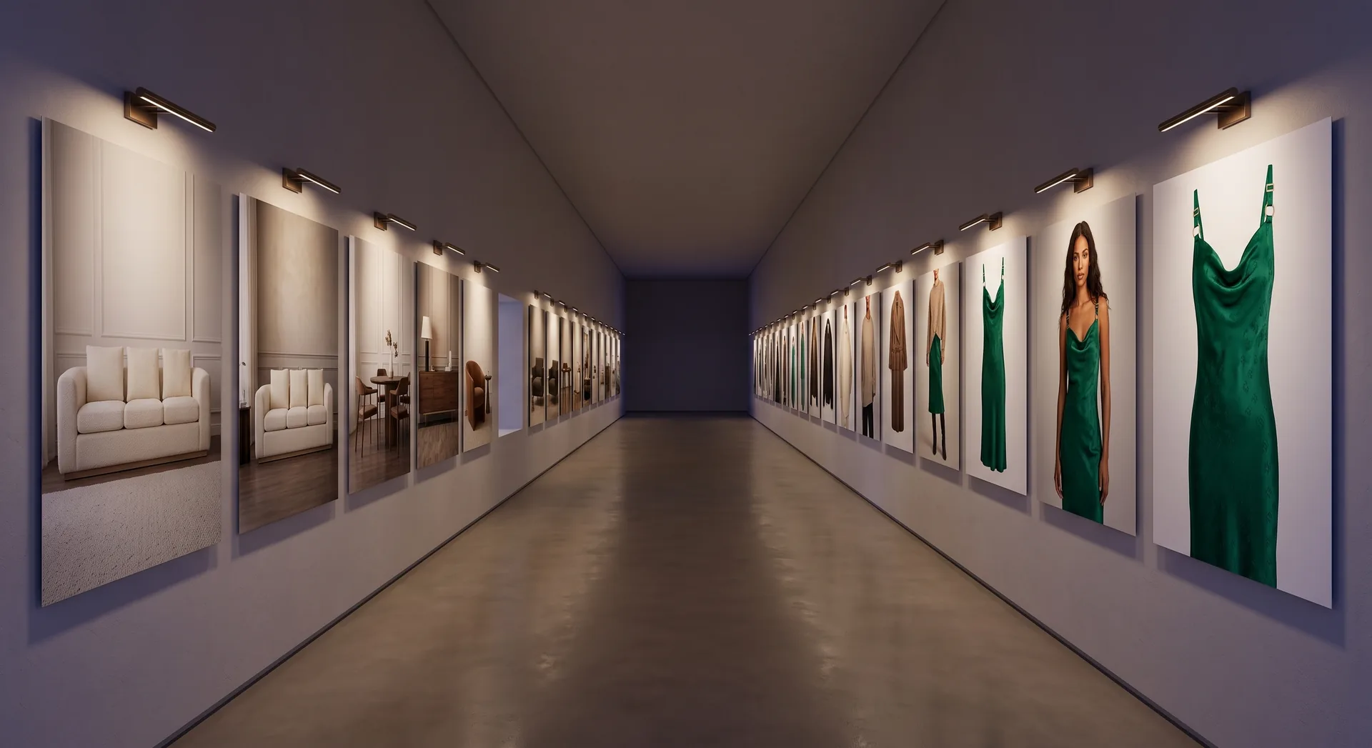 A gallery corridor of catalog images: furniture shot types down one wall, apparel shot types down the other