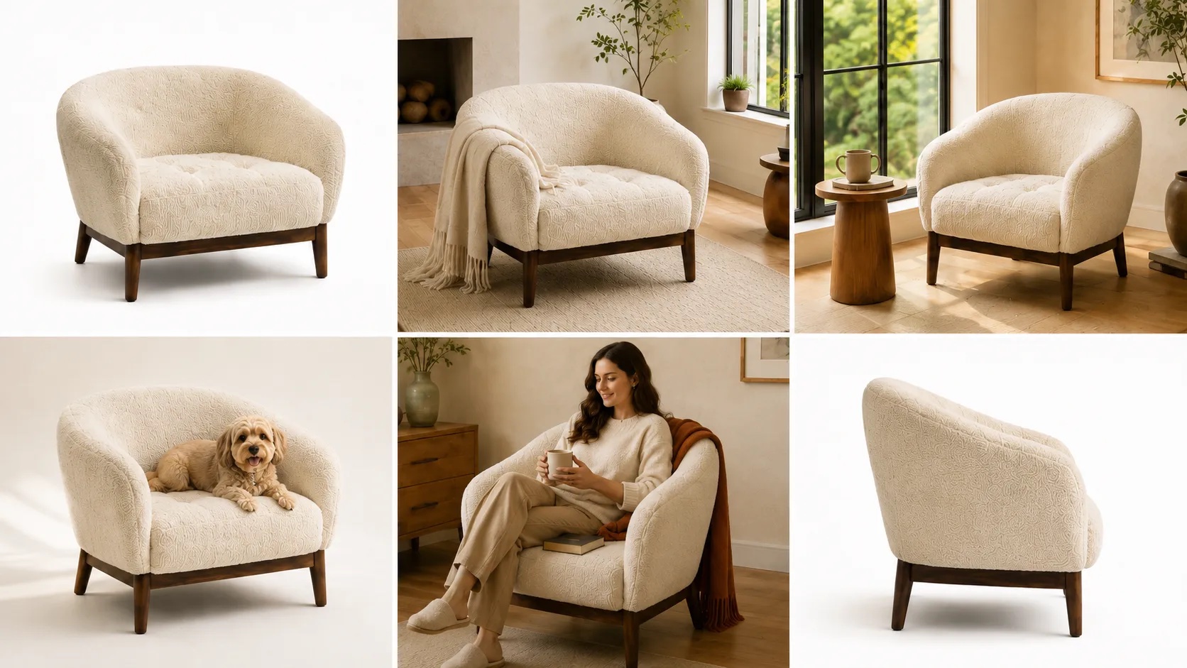 Six lifestyle visualizations of one boucle chair, generated by VizIQ